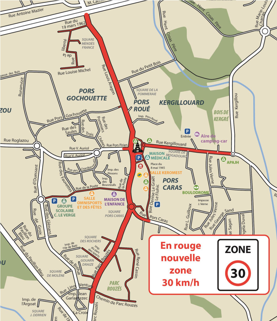 Plan du centre ville présentant des route en rouge où est implantée la zone 30 kilomètres par heure