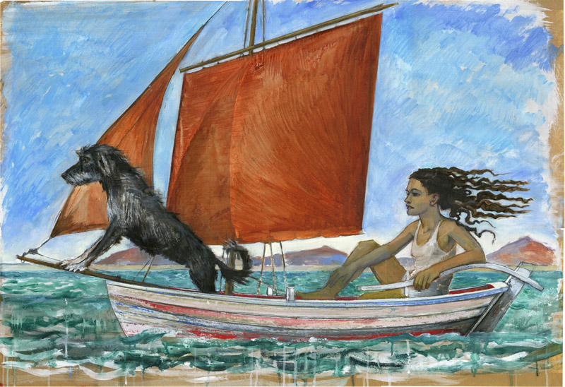 Tableau de Olivia Lomenech Gill présentant une femme dans un bateau à voiles avec un chien noir
