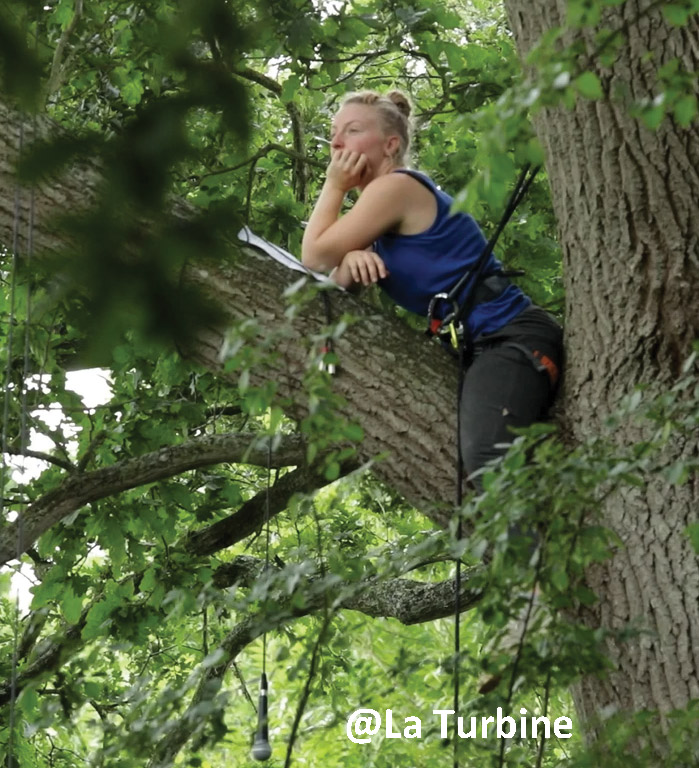 Une femme avec un débardeur bleu dans un arbre