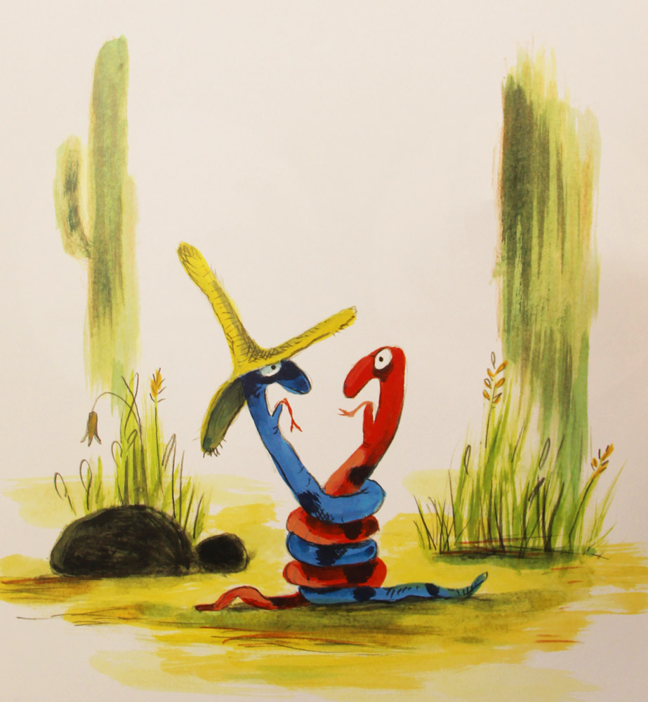 Illustration de deux vers de terre bleus et rouges qui s'entrelacent mettant en avant l'heure du conte