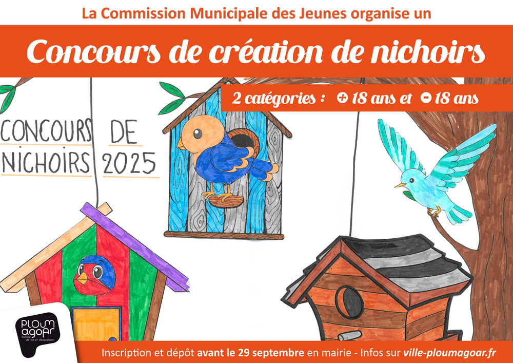 Affiche du concours de création de nichoirs avec des dessins d'enfants de nichoirs