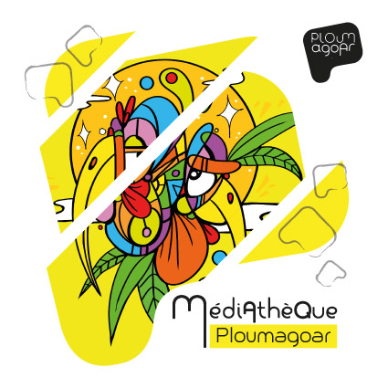 Logo coloré de la médiathèque de Ploumagoar avec une illustration abstraite et le texte « Médiathèque Ploumagoar »