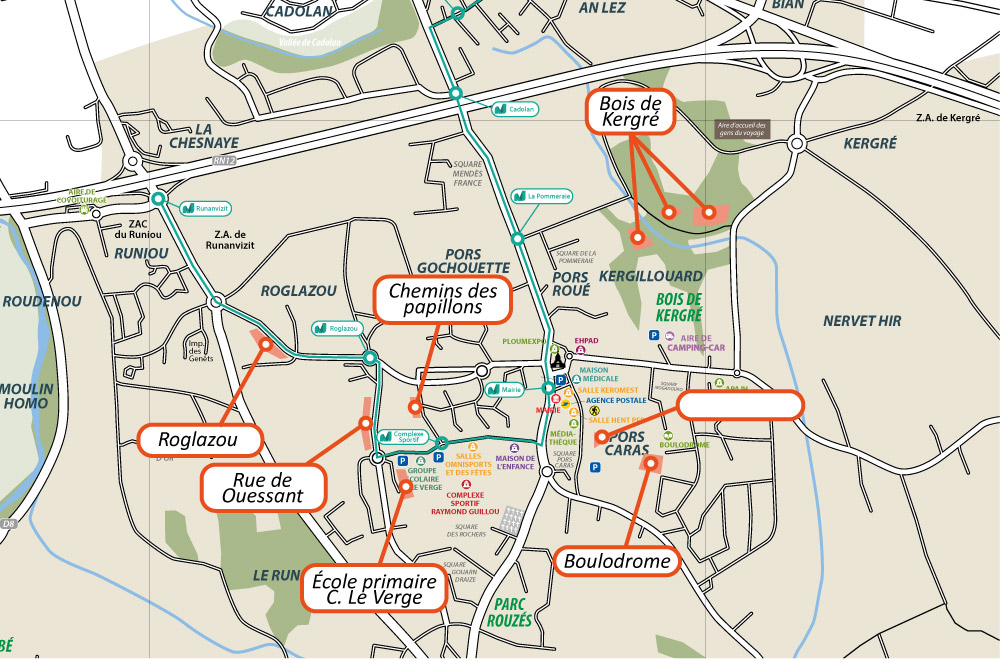 Carte du centre de Ploumagoar indiquant les espaces de gestion différenciée