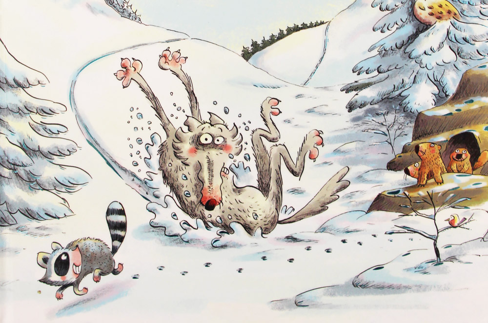 illustration pour enfant d'un loup glissant sur de la neige