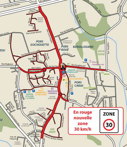 Carte du centre de Ploumagoar présentant en rouge la nouvelle zone 30