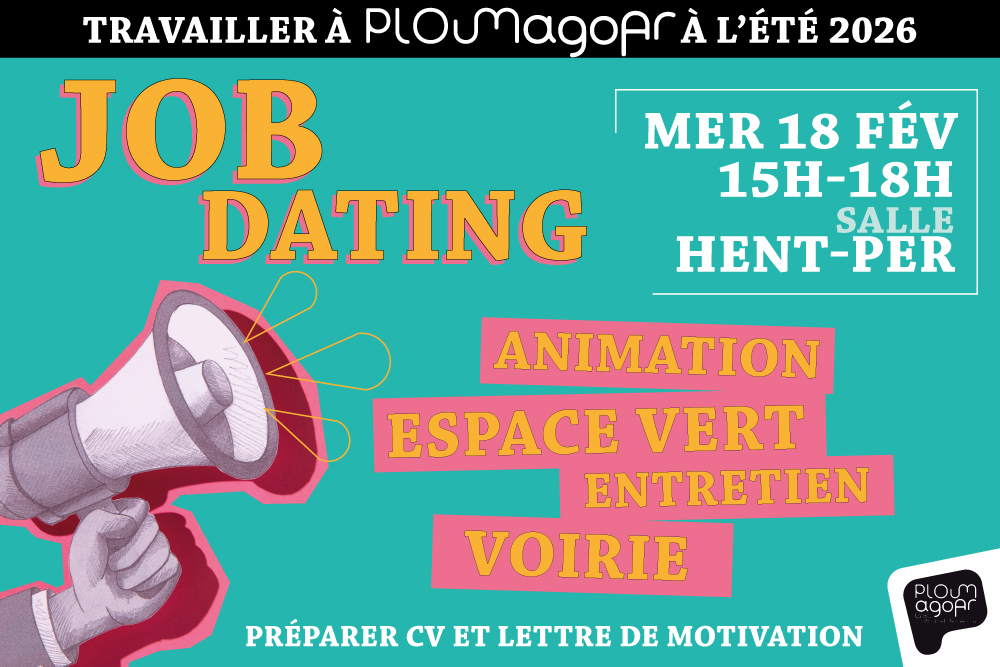 Affiche colorée présentant l'évènement Job dating à Ploumagoar le mercredi 18 février.