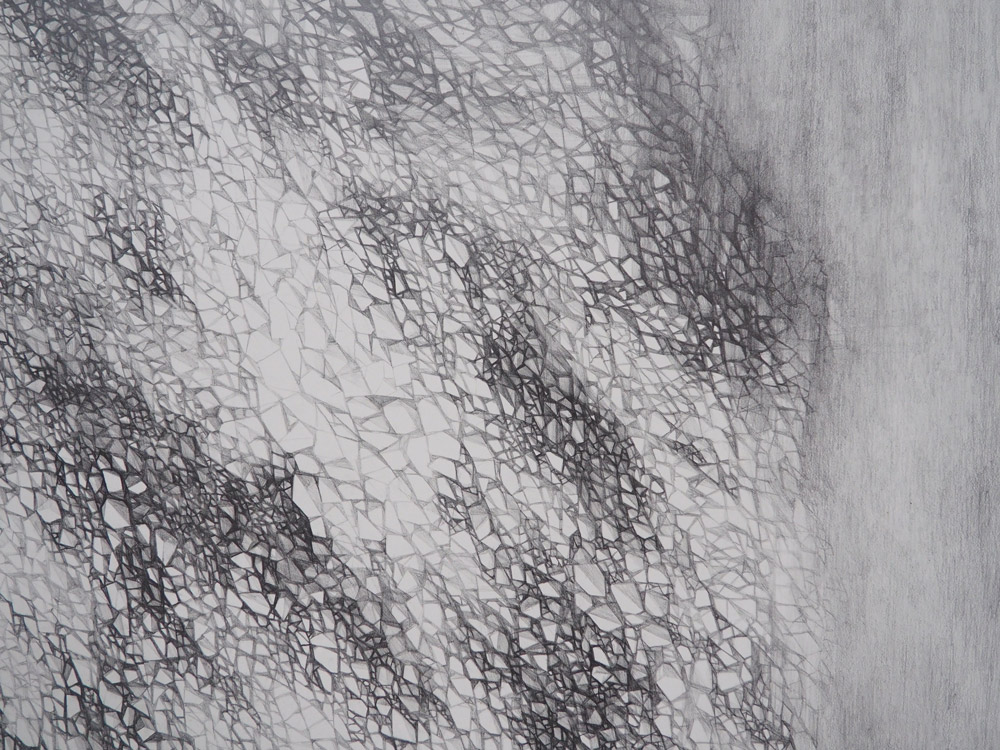 Gros plan sur une oeuvre artistique abstraite. Sorte de motifs gris