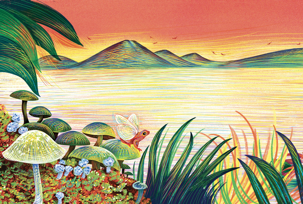 Paysage artistique dessiné aux tons orangés par Isabelle SIMLER.